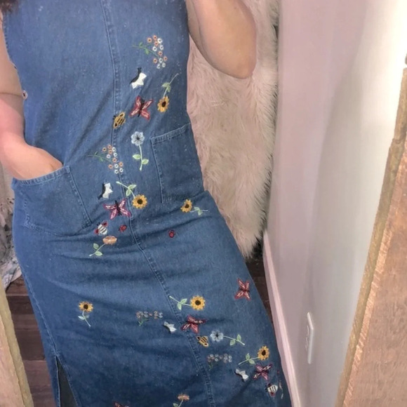 Vintage denim maxi dress floral embroidered size small cotton fabric - Picture 5 of 9